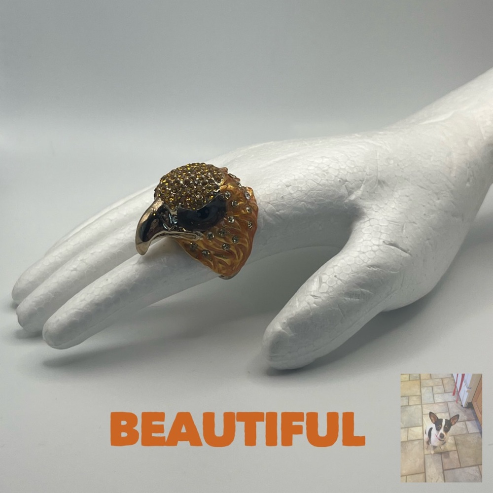 Rhinestone Encrusted Eagle Statement Ring, Sz 8 1… - image 1